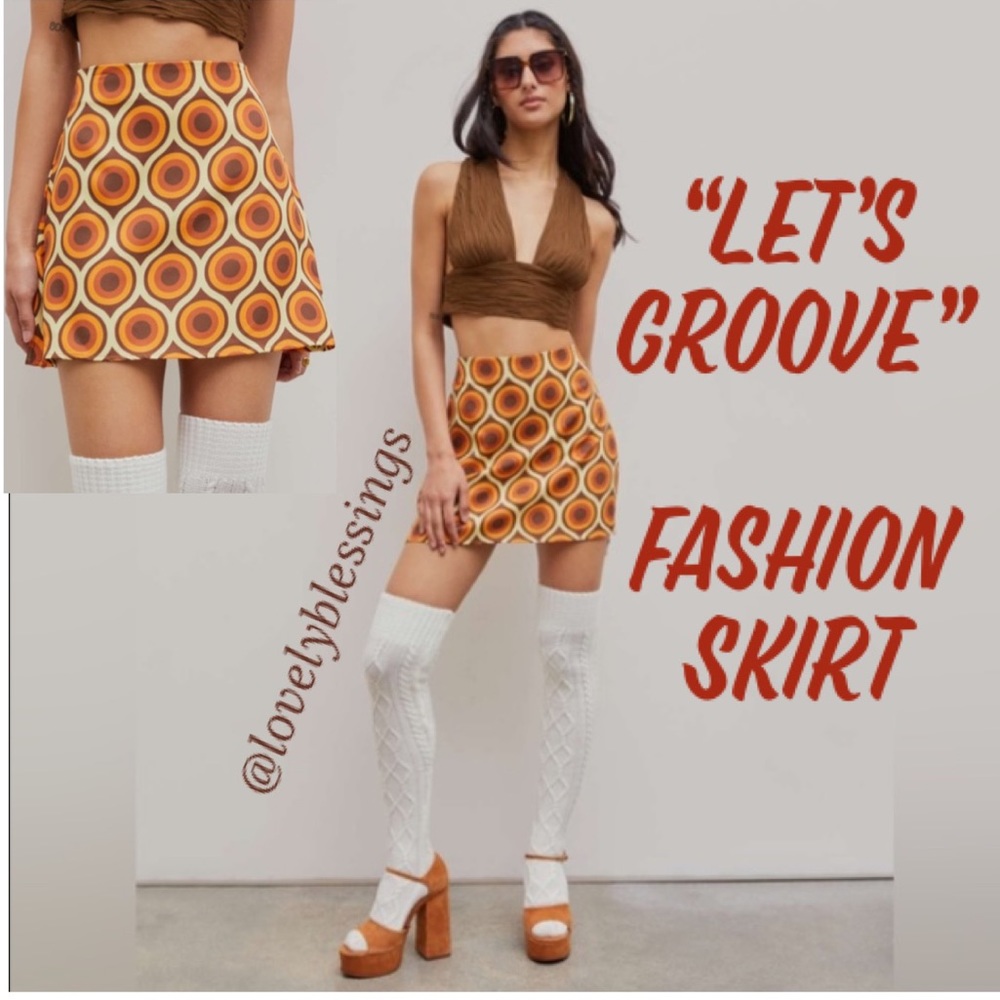 Sexy Retro Mini Skirt Cider Groovy Mod Coquette Fashion Tan Beige Orange Size M